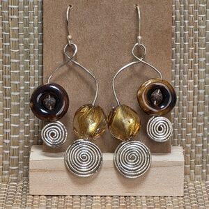 Handmade Earrings with Dark Brown Porcelain Beads and Silver Spiraled Wire